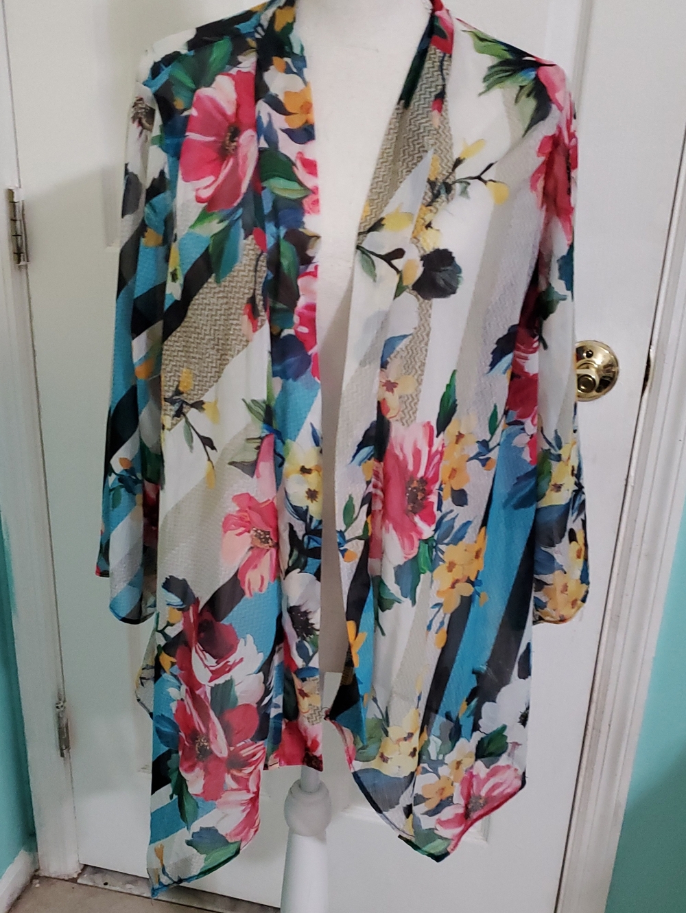 Travel Elements Colorful Floral Sheer Open-Front Kimono Shawl Cardigan L